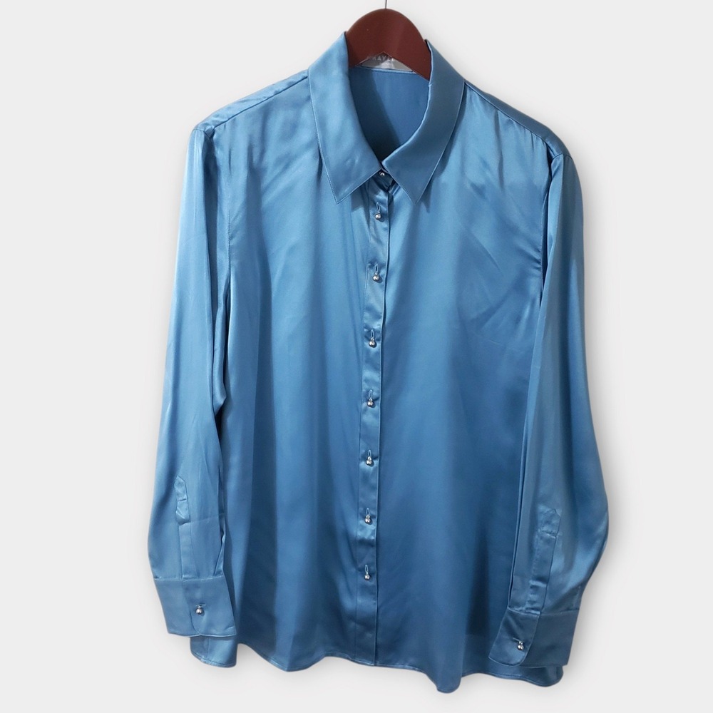 Ravella Milano Luxury Silk Button Down Blouse Turquoise Blue 100% Pure Silk XL